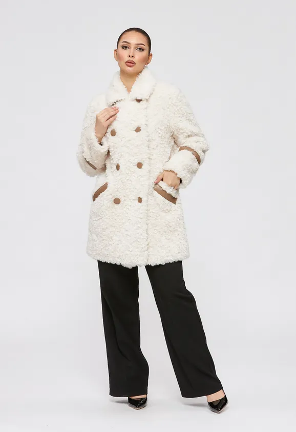 Фото Шуба из натуральной шерсти белая с английским воротником - 7