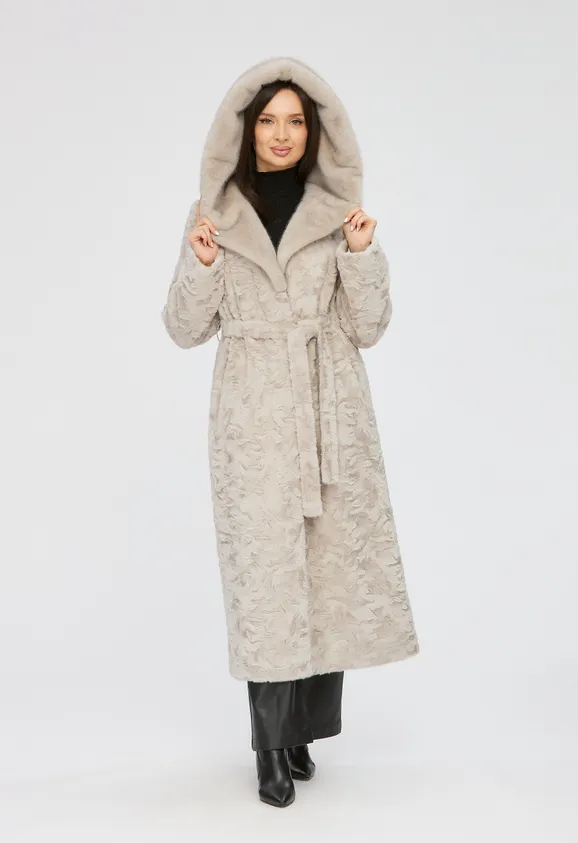 Фото Шуба из эко каракуля серая с капюшоном из эко норки - 2