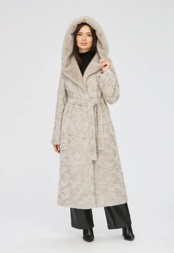 Фото Шуба из эко каракуля серая с капюшоном из эко норки - 4