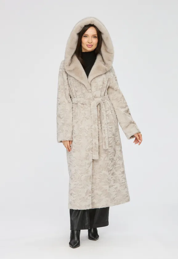 Фото Шуба из эко каракуля серая с капюшоном из эко норки - 1