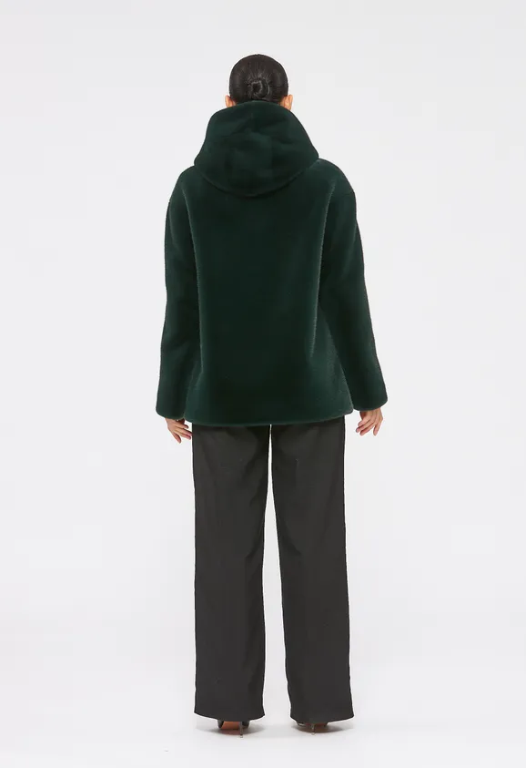 Фото Шуба из эко норки темно-зеленая с капюшоном - 8