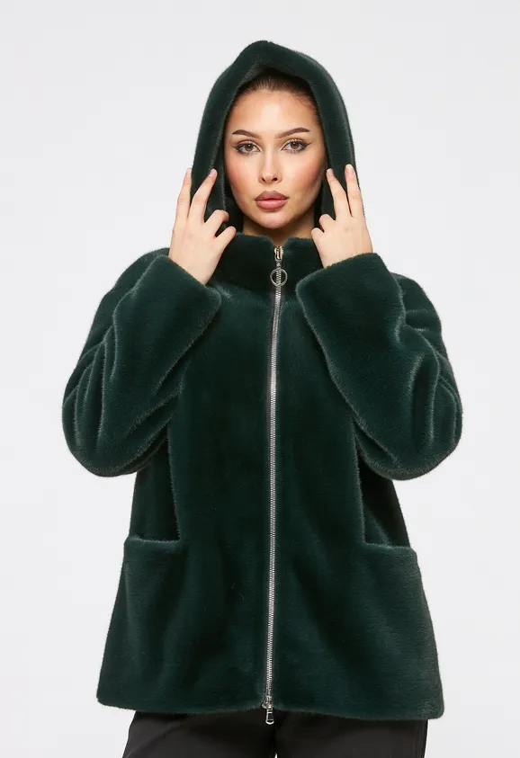 Фото Шуба из эко норки темно-зеленая с капюшоном - 6