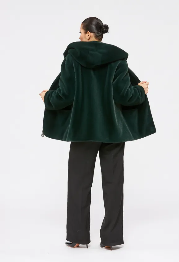 Фото Шуба из эко норки темно-зеленая с капюшоном - 9