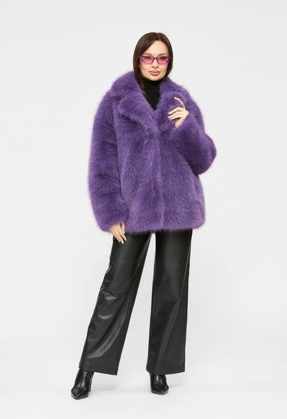Фото Шуба из эко песца сиреневая с английским воротником - 2