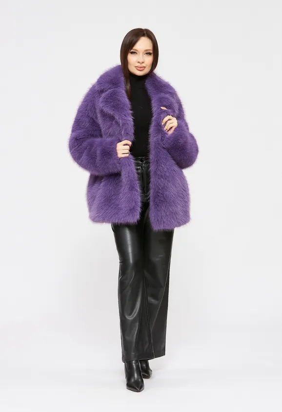 Фото Шуба из эко песца сиреневая с английским воротником - 1