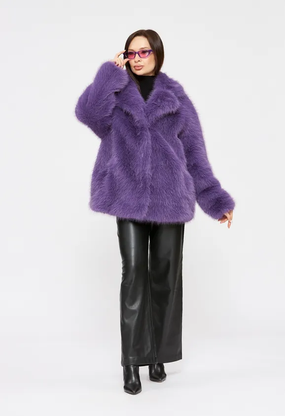 Фото Шуба из эко песца сиреневая с английским воротником - 8