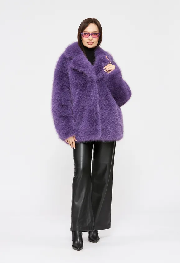 Фото Шуба из эко песца сиреневая с английским воротником - 3