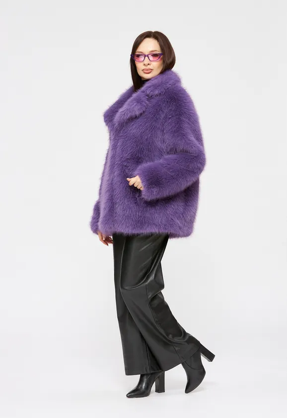 Фото Шуба из эко песца сиреневая с английским воротником - 6