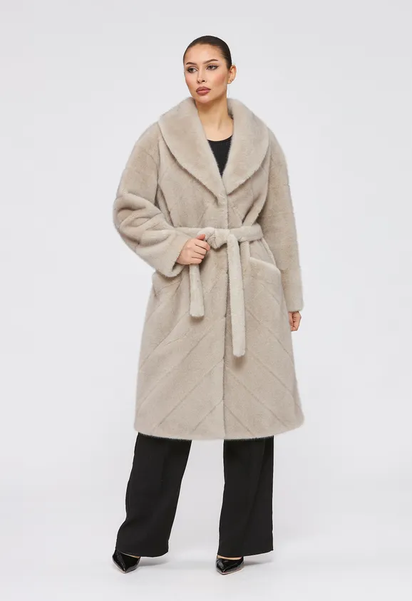 Фото Шуба из эко норки серая с воротником шаль - 6