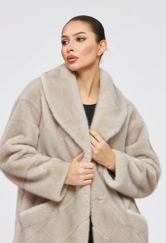 Фото Шуба из эко норки серая с воротником шаль - 1