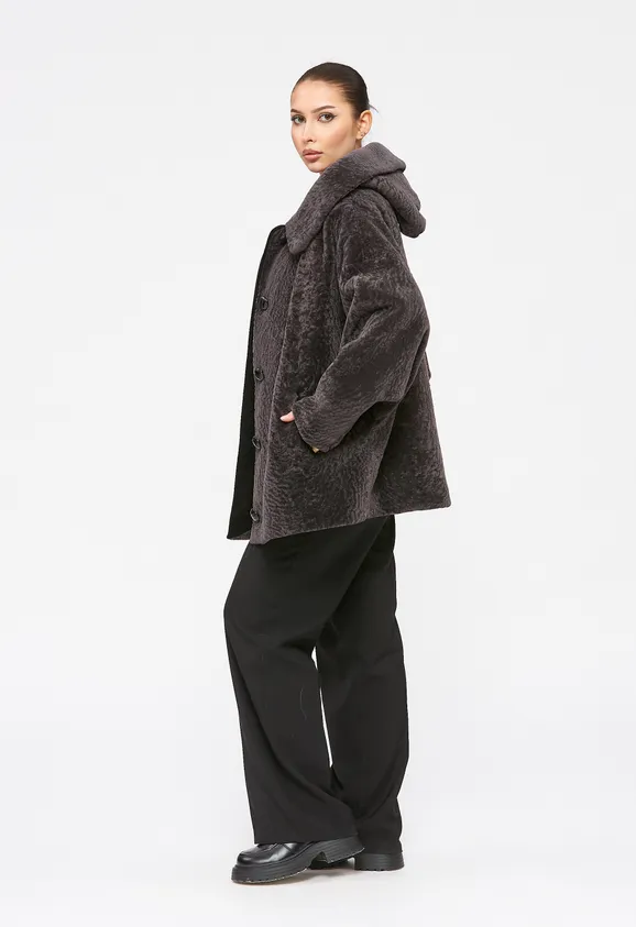 Фото Шуба из натурального астрагана мокко с капюшоном - 8