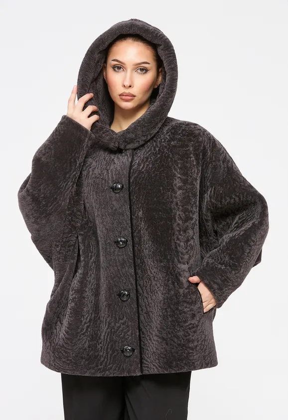 Фото Шуба из натурального астрагана мокко с капюшоном - 1