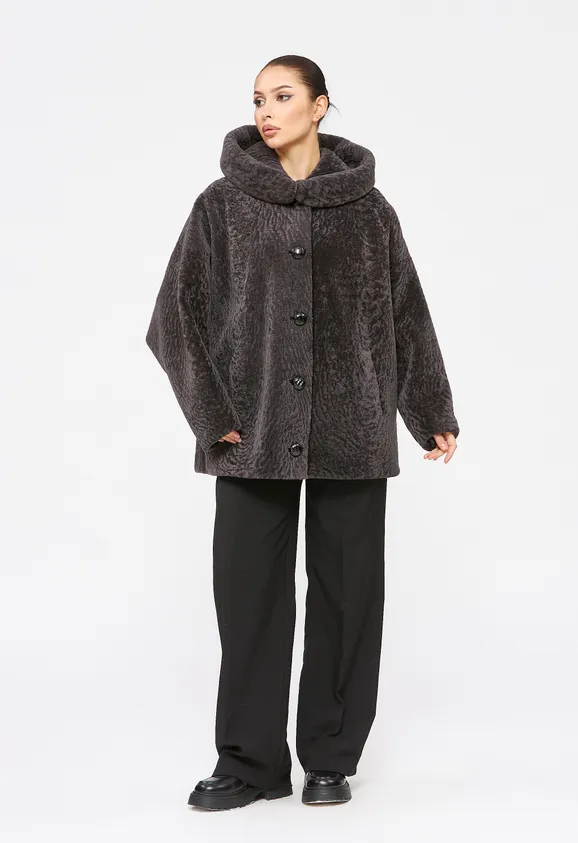 Фото Шуба из натурального астрагана мокко с капюшоном - 5