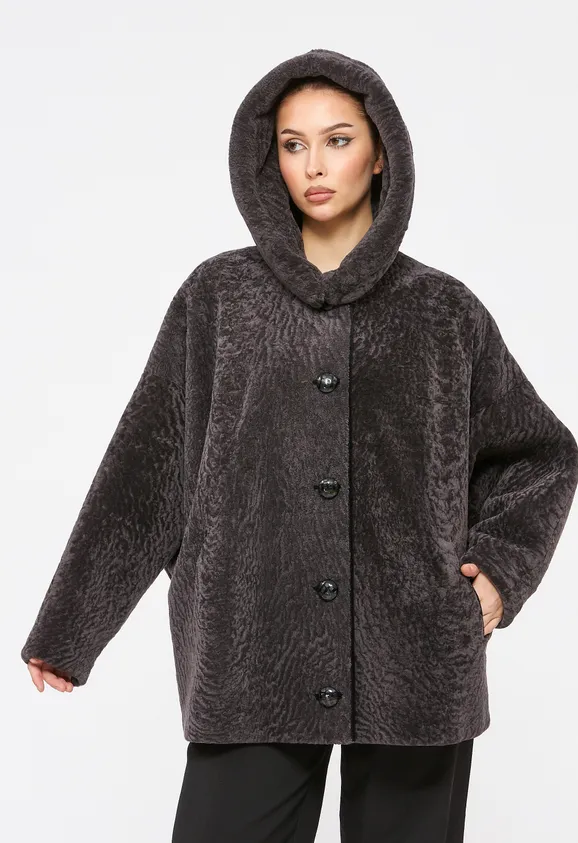 Фото Шуба из натурального астрагана мокко с капюшоном - 6