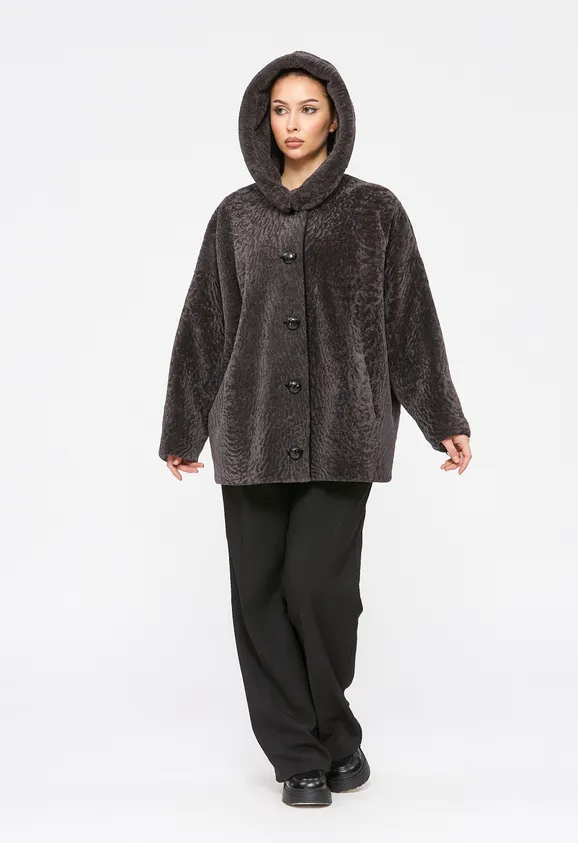 Фото Шуба из натурального астрагана мокко с капюшоном - 3