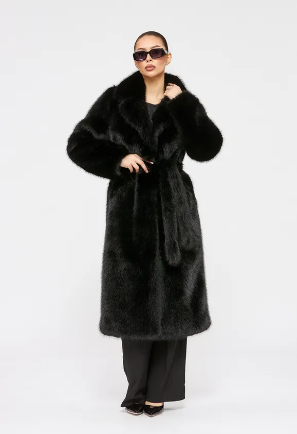 Фото Шуба из эко песца черная с английским воротником - 1