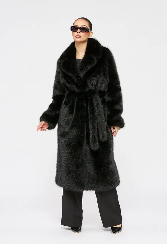 Фото Шуба из эко песца черная с английским воротником - 3