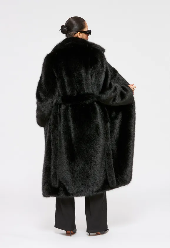 Фото Шуба из эко песца черная с английским воротником - 8