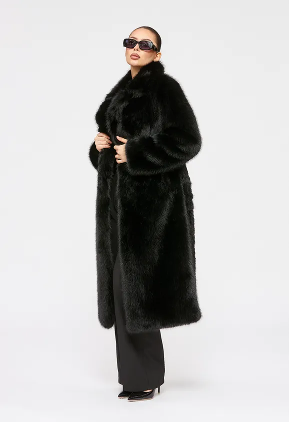 Фото Шуба из эко песца черная с английским воротником - 6