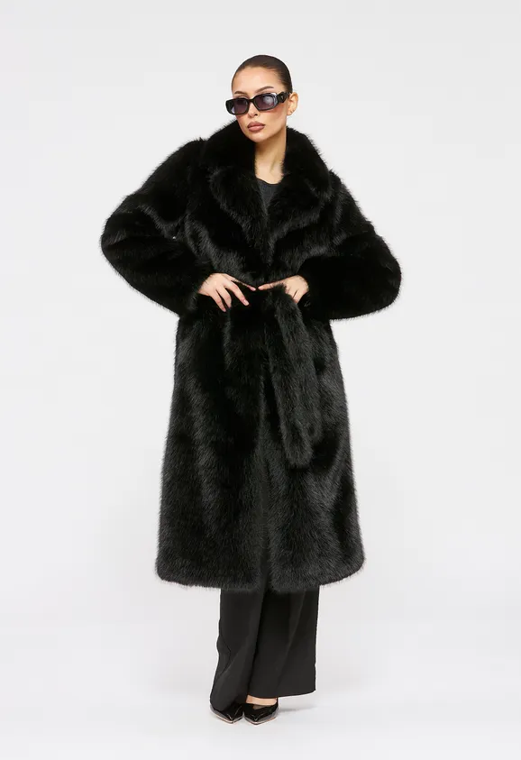 Фото Шуба из эко песца черная с английским воротником - 2