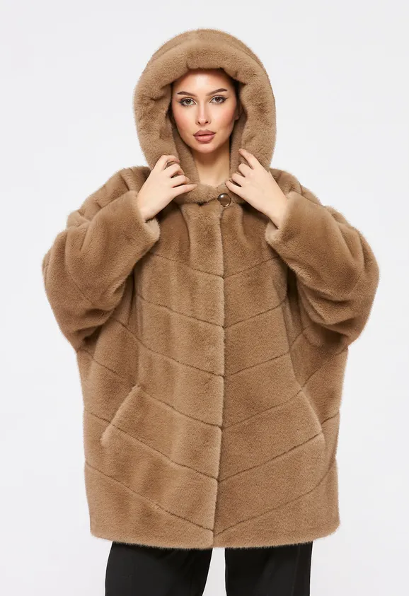 Фото Шуба из эко норки капучино с капюшоном - 4