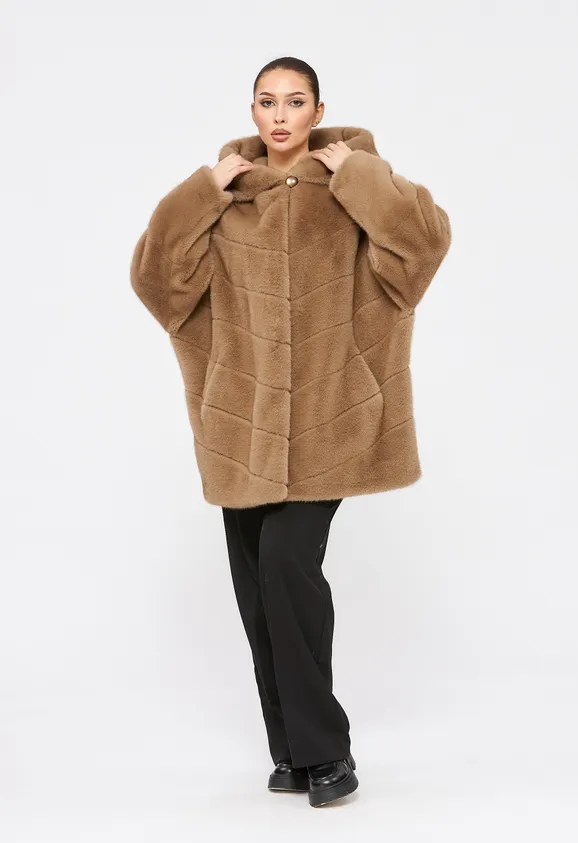 Фото Шуба из эко норки капучино с капюшоном - 7