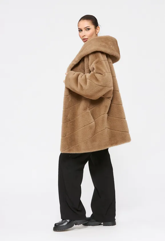 Фото Шуба из эко норки капучино с капюшоном - 8