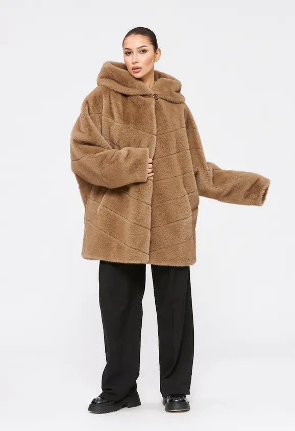 Фото Шуба из эко норки капучино с капюшоном - 3