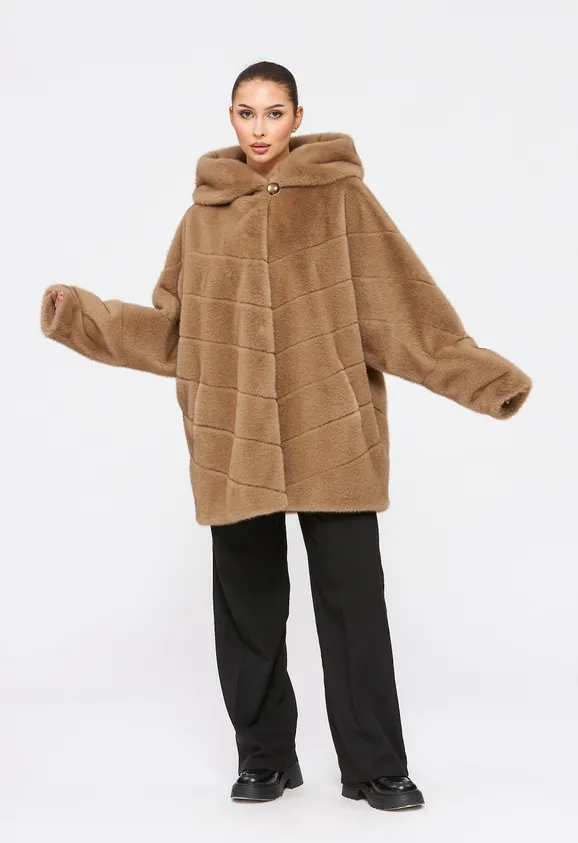 Фото Шуба из эко норки капучино с капюшоном - 2