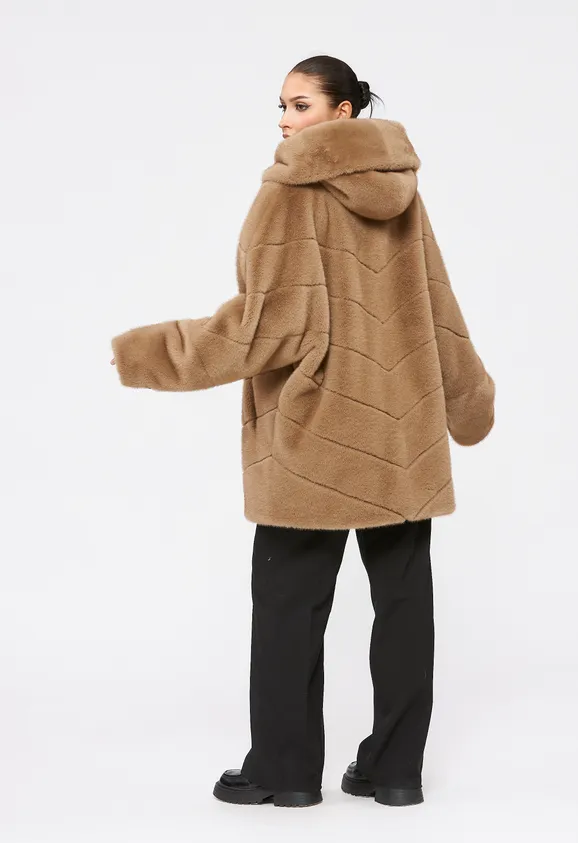 Фото Шуба из эко норки капучино с капюшоном - 6