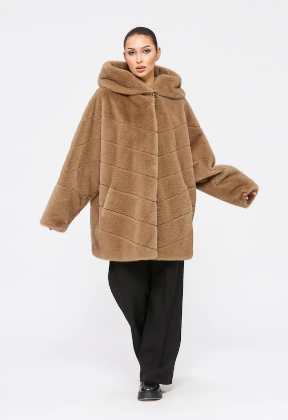 Фото Шуба из эко норки капучино с капюшоном - 1