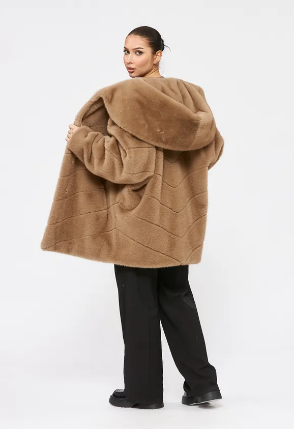 Фото Шуба из эко норки капучино с капюшоном - 10