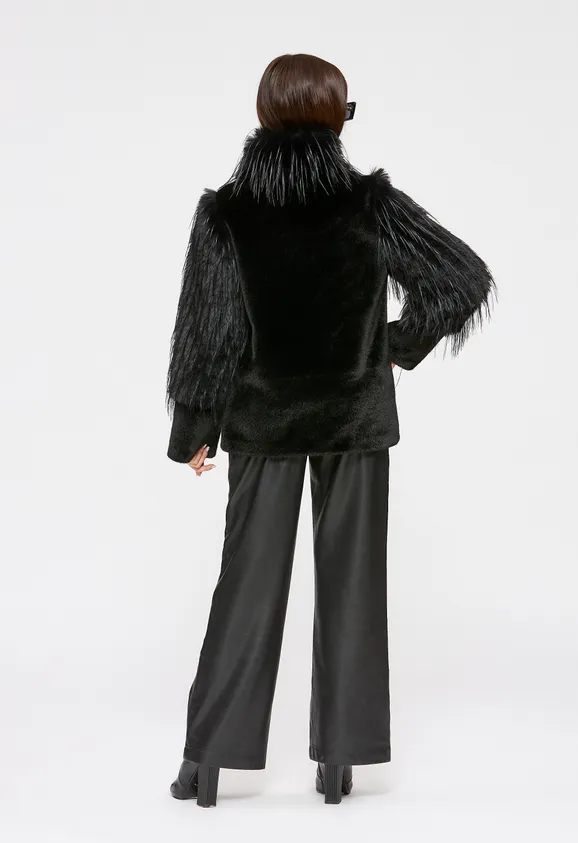 Фото Шуба из эко норки черная с отделкой эко страус - 10