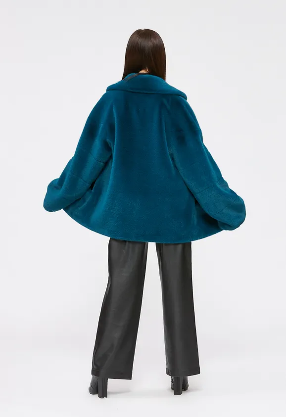 Фото Шуба из эко норки бирюза с английским воротником - 7