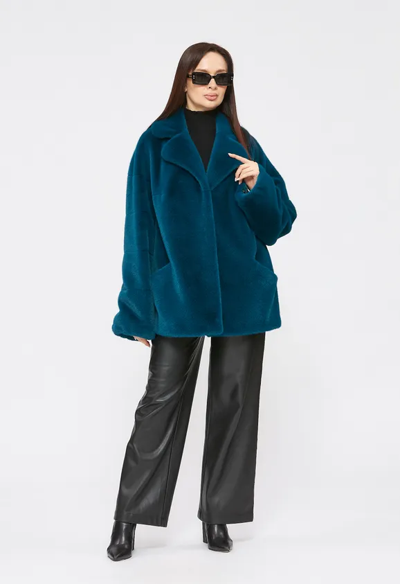 Фото Шуба из эко норки бирюза с английским воротником - 1