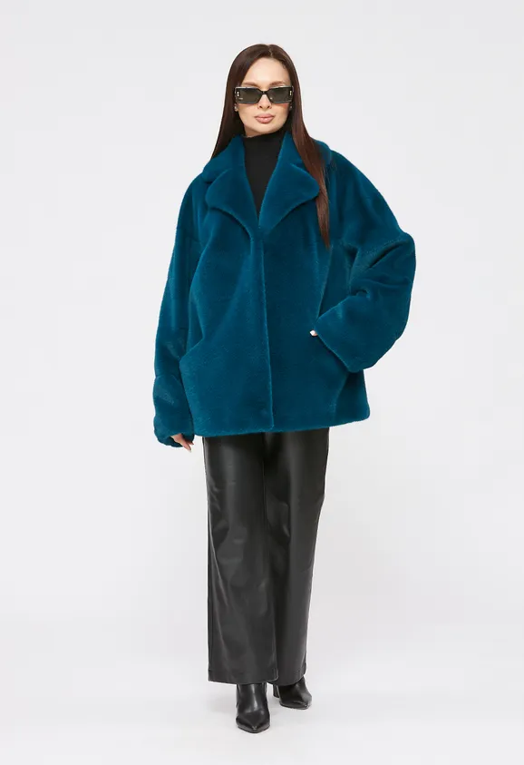 Фото Шуба из эко норки бирюза с английским воротником - 2