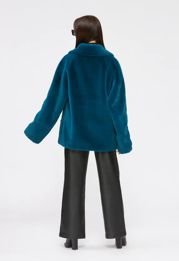 Фото Шуба из эко норки бирюза с английским воротником - 4