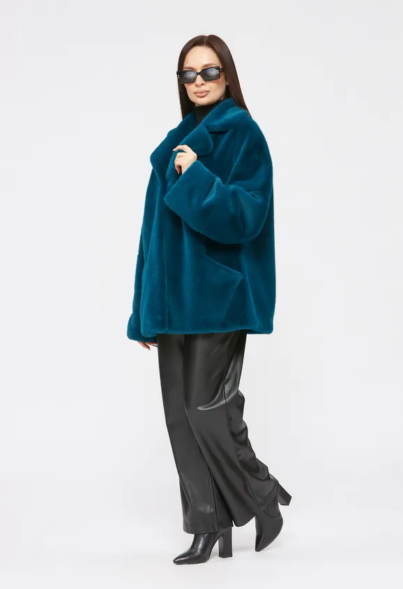 Фото Шуба из эко норки бирюза с английским воротником - 3