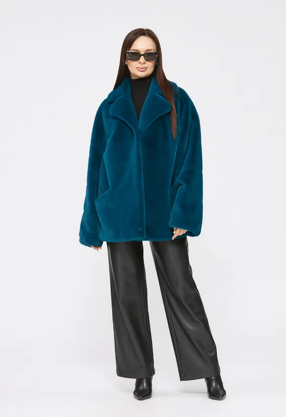 Фото Шуба из эко норки бирюза с английским воротником - 8