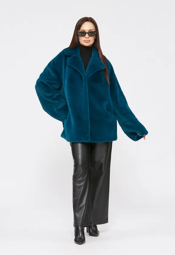 Фото Шуба из эко норки бирюза с английским воротником - 9