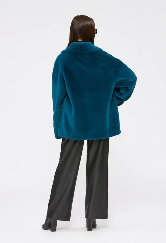 Фото Шуба из эко норки бирюза с английским воротником - 6