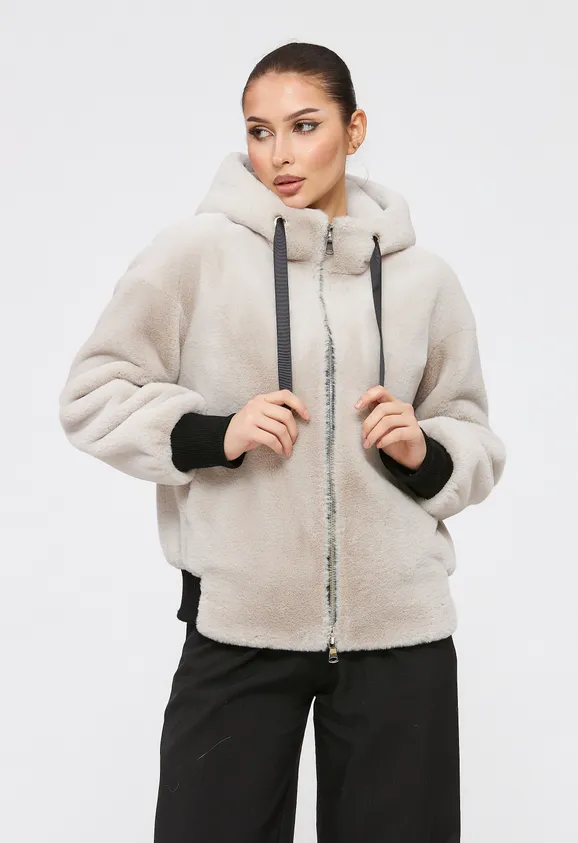 Фото Шуба-бомбер из эко кролика жемчуг - 5