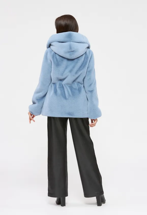 Фото Шуба из эко норки голубая с капюшоном - 8