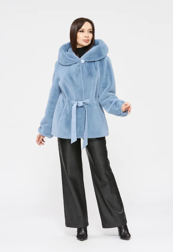 Фото Шуба из эко норки голубая с капюшоном - 3