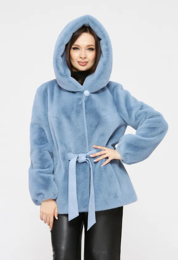 Фото Шуба из эко норки голубая с капюшоном - 1