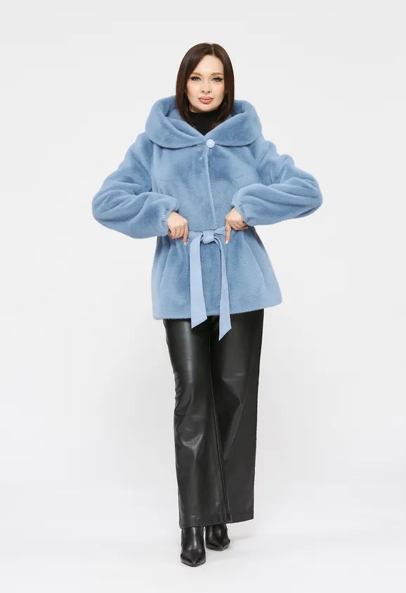 Фото Шуба из эко норки голубая с капюшоном - 2