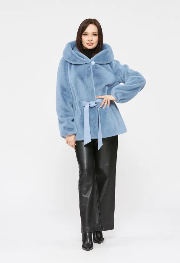 Фото Шуба из эко норки голубая с капюшоном - 6