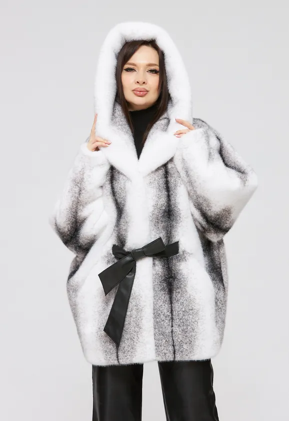 Фото Шуба из эко норки крестовка белая с капюшоном - 8