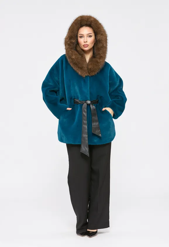 Фото Шуба из эко норки бирюза с капюшоном из эко соболя - 3
