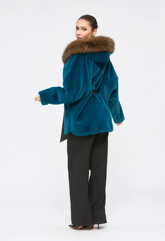 Фото Шуба из эко норки бирюза с капюшоном из эко соболя - 9